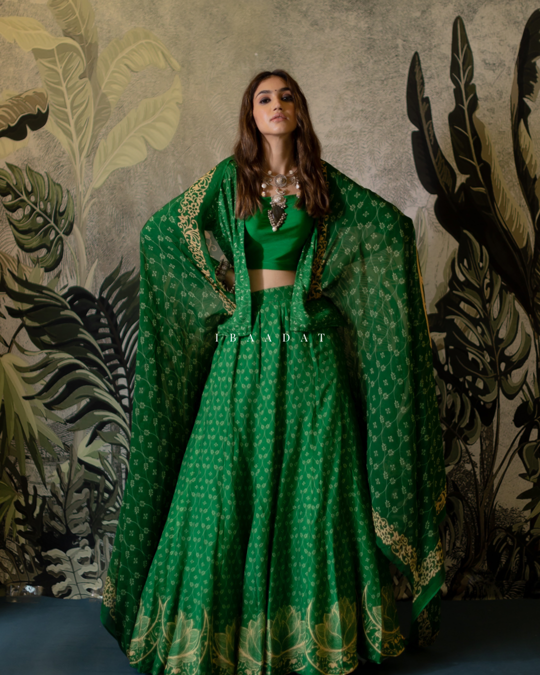 Ibaadat Green Printed Anarkali Suit with 16 Kalis Design