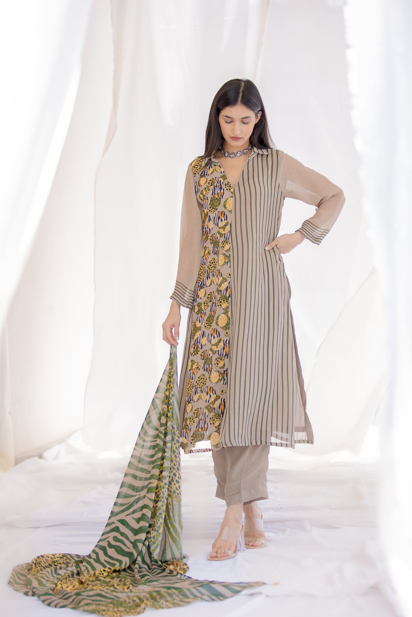 Mouse colored Safari Set party wear suit with chinnon dupatta
