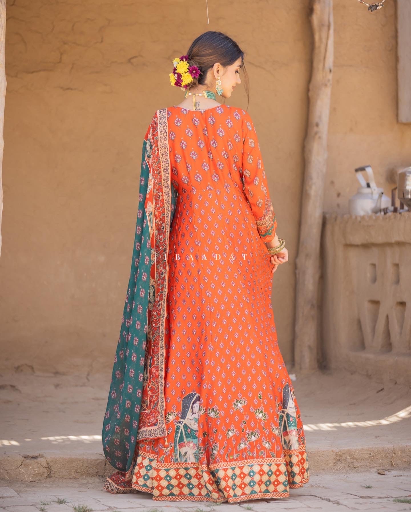 Orange Raw Silk Anarkali Lehenga with Organza Dupatta