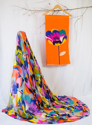Orange Tulip designer cotton suit with floral print