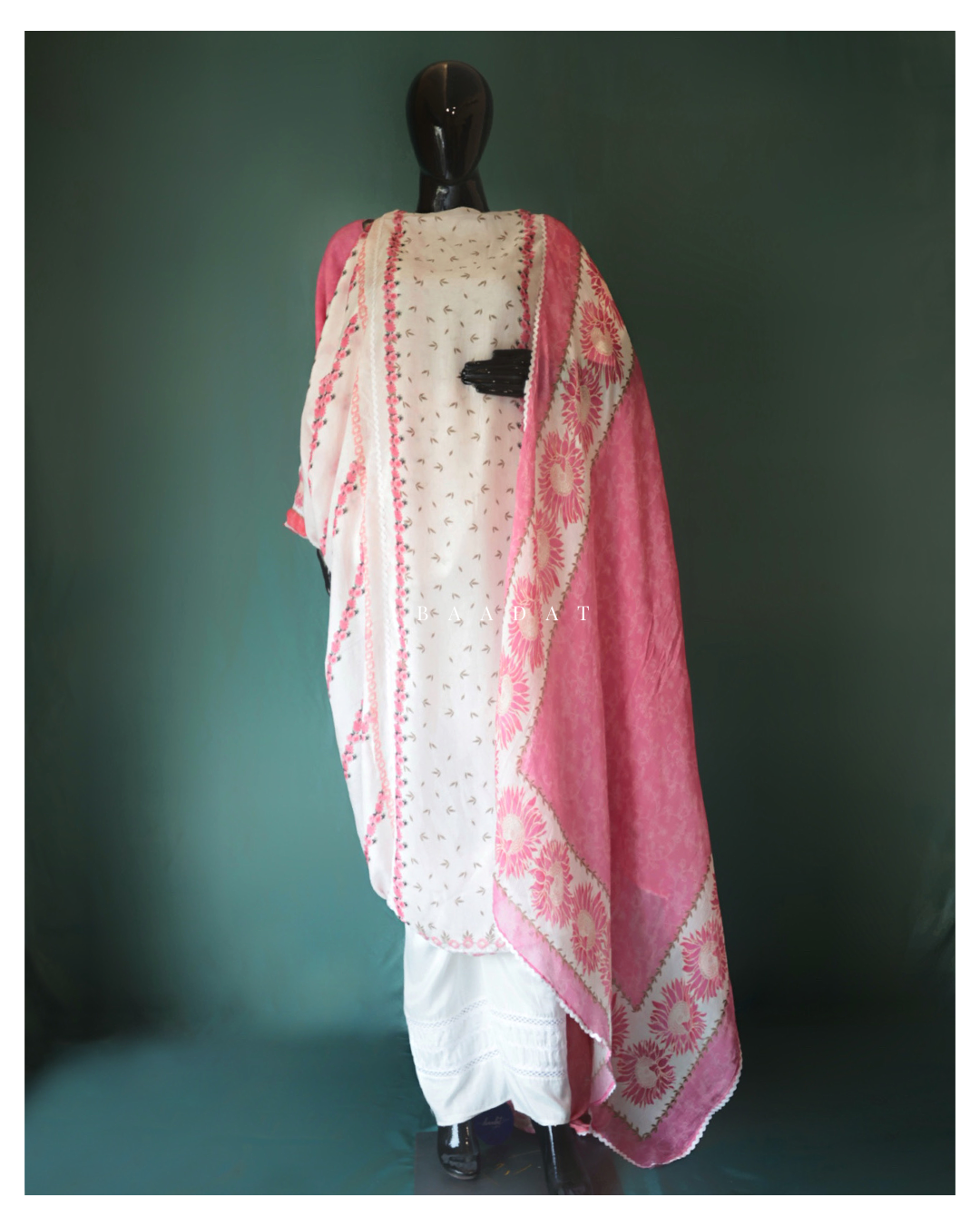 Pink Floral Lace Salwar Suit with Chinnon Dupatta