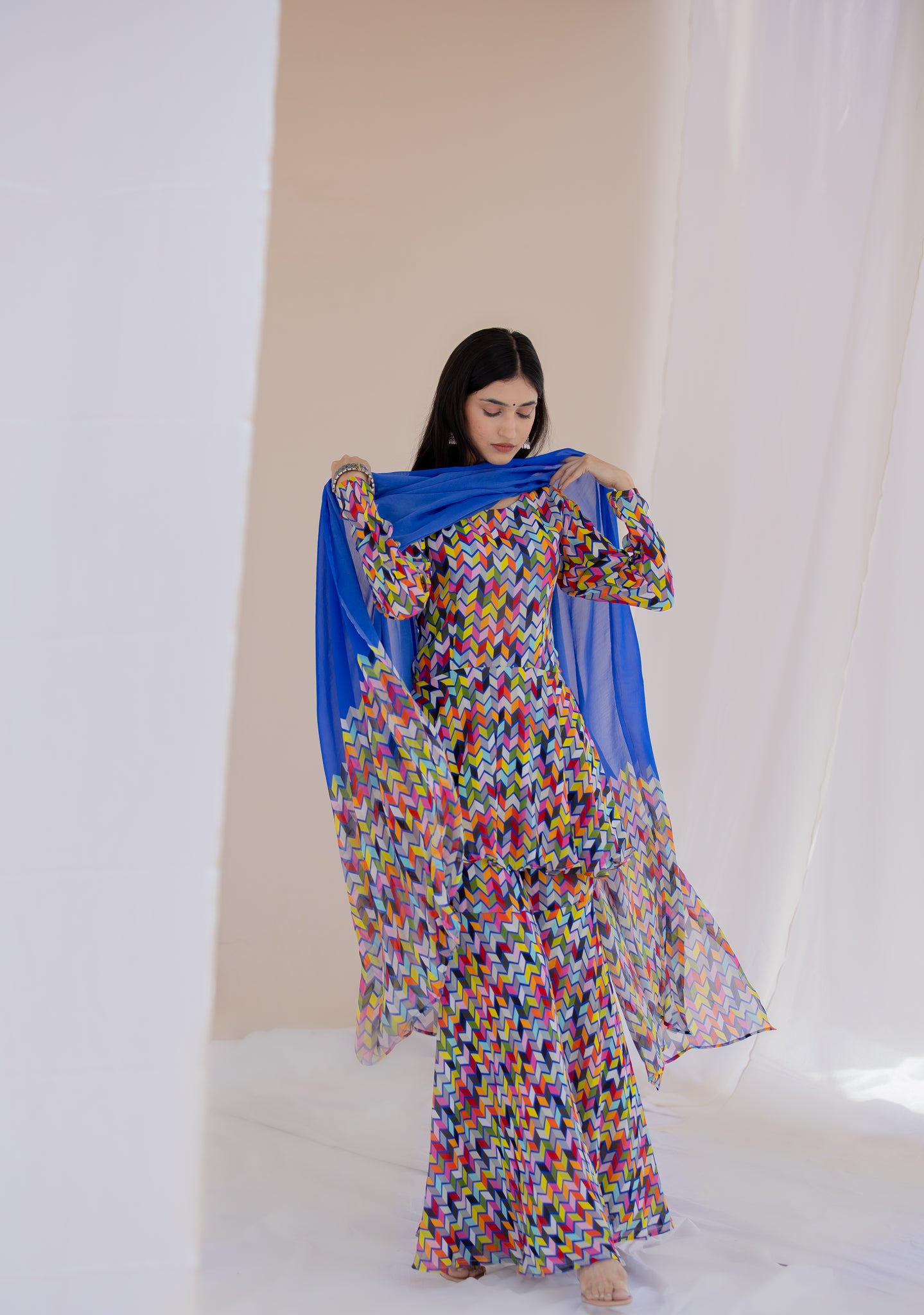 Printed Blue Gharara Set with Chinnon Dupatta
