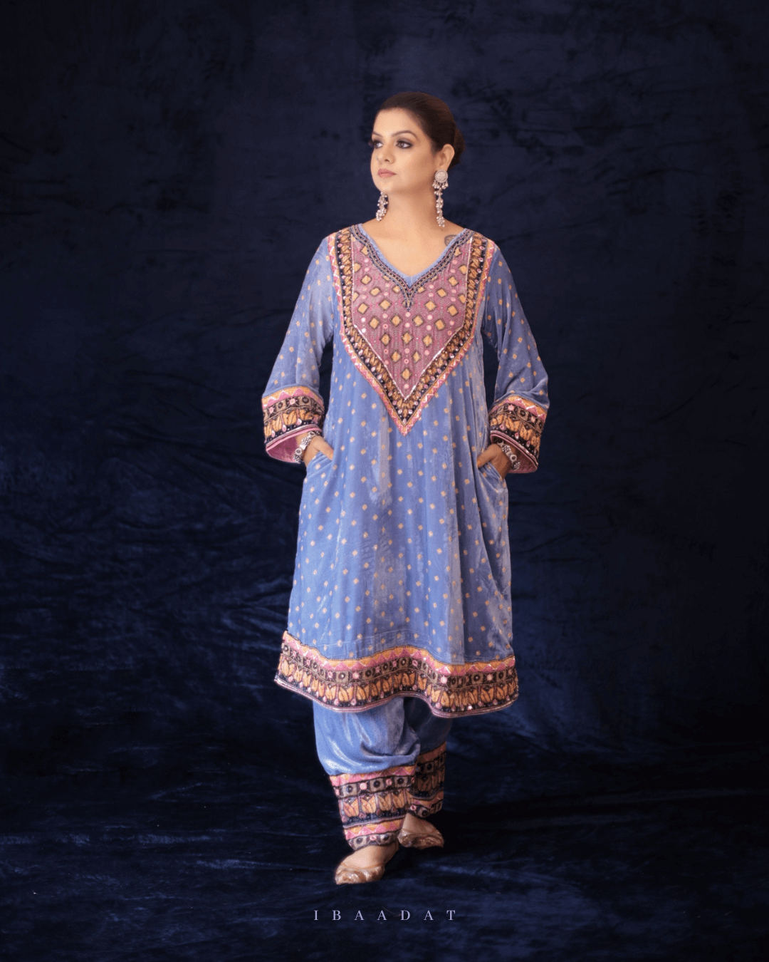 Pure Velvet Blue Anarkali Suit Set with Embroidery