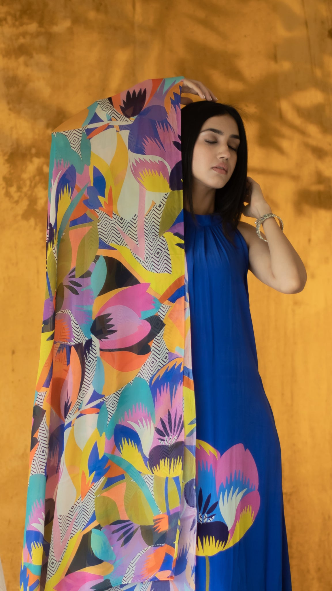 Royal blue floral print cotton suit with dupatta