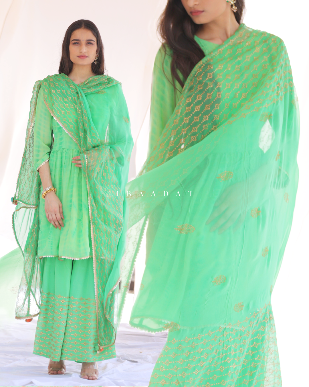 Stylish green party wear Gharara set with embroidery