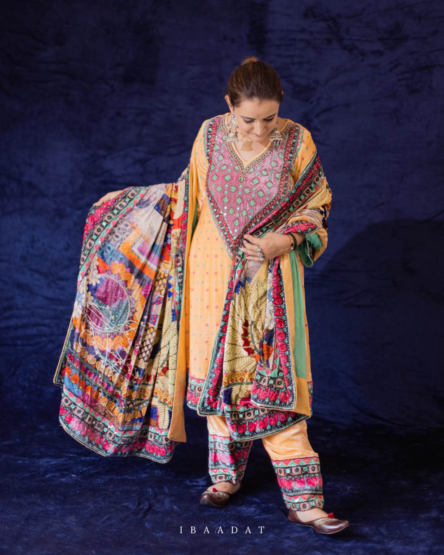 Traditional Yellow Velvet Suit Set with Embroidered Shawl
