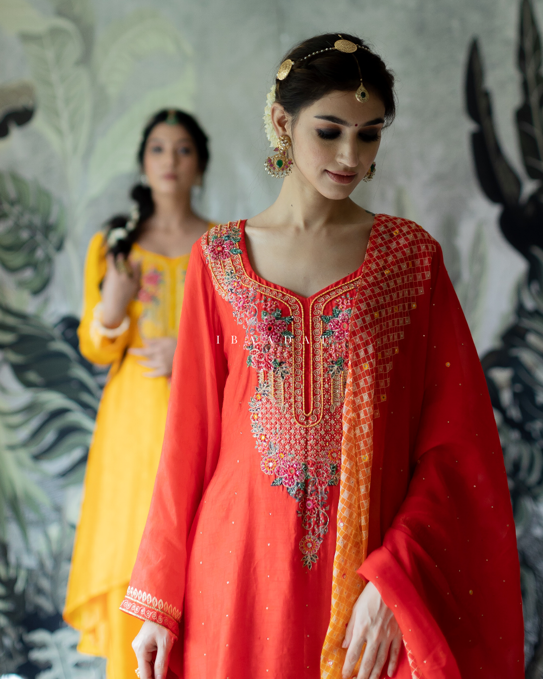 Two-tone red and mango yellow embroidered Rani salwar suit