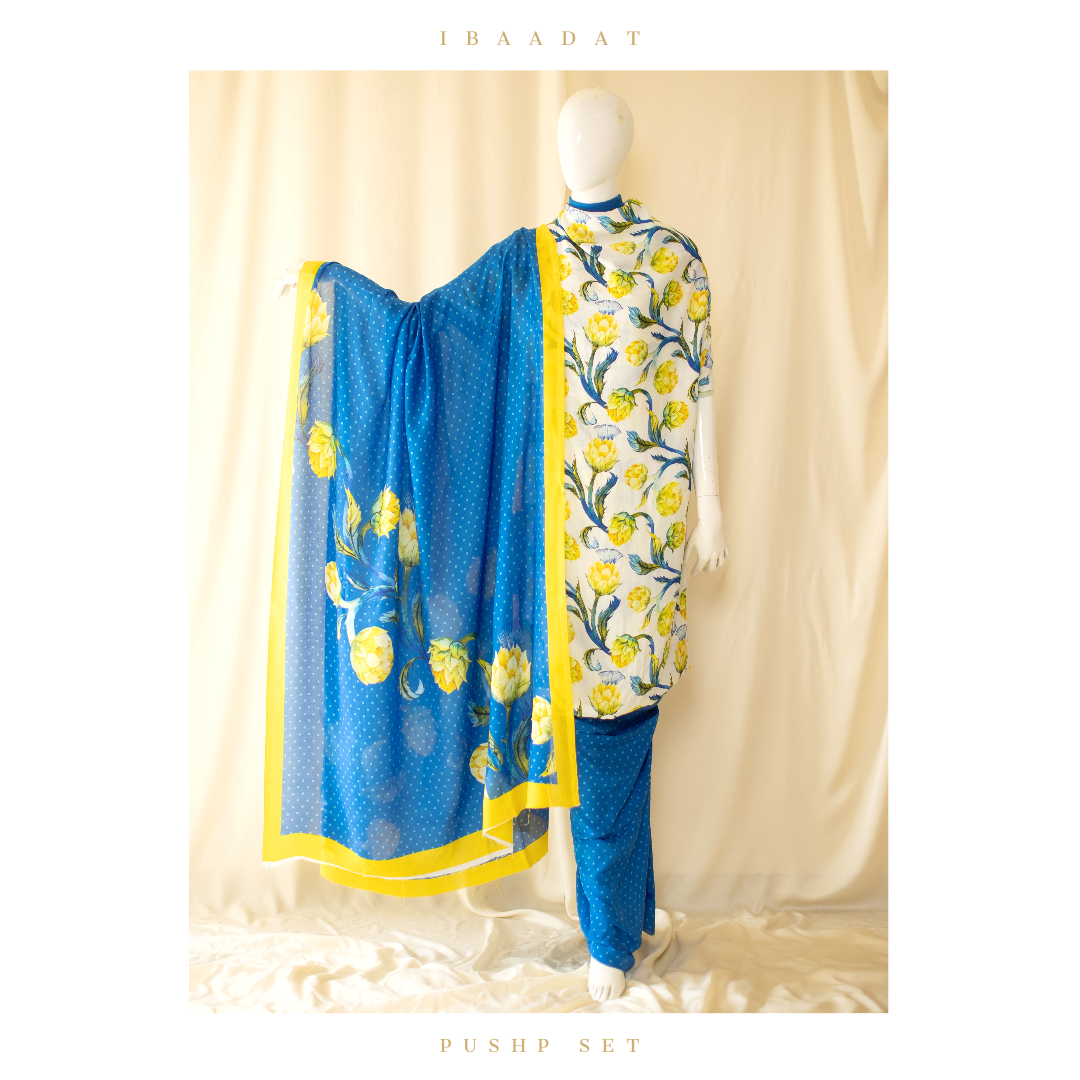 White and Blue Floral Cotton Salwar Suit for Women