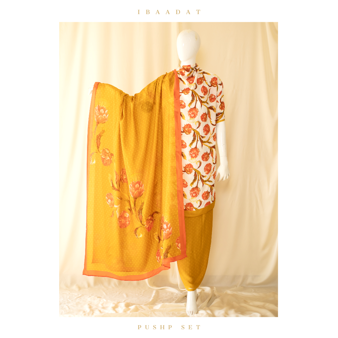 White and Mustard Floral Cotton Salwar Suit for Festive Wear