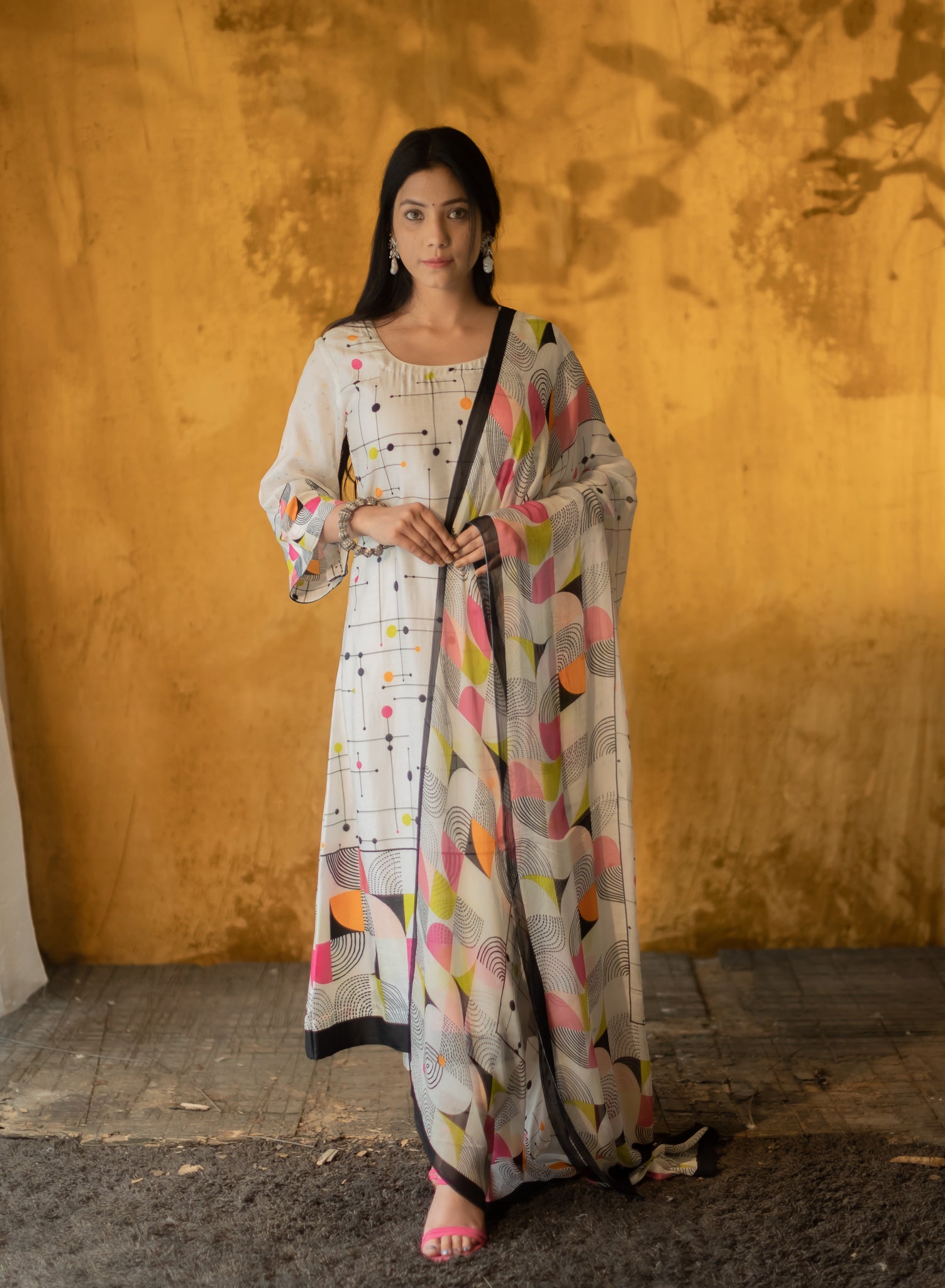 White formal salwar suit with geometric print for office wear
