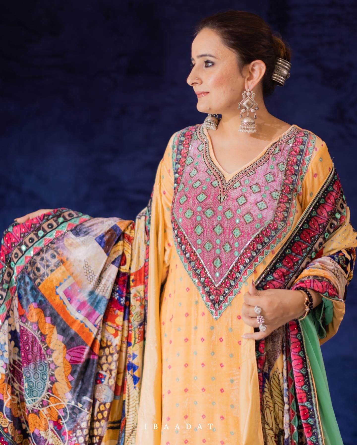 Yellow Velvet Suit with Bandhini Digital Print and Shawl
