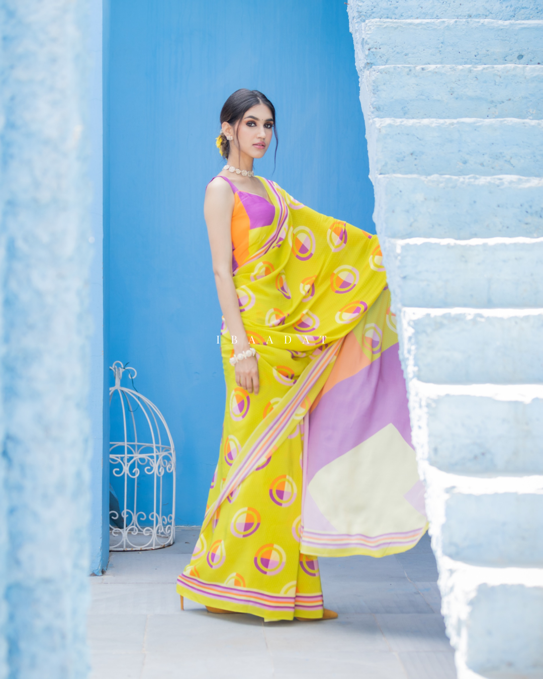Yellow Viscose Saree with Stitched Blouse and Petticoat
